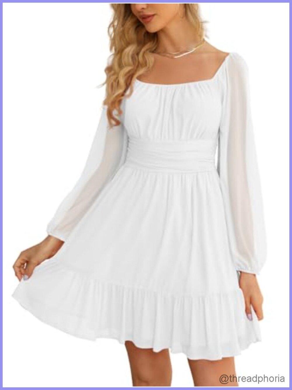 Mesh Long Sleeve Mini Dress Square Neck High Waist A-Line Ruffle Hem Party
